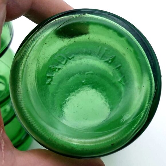 Vintage MCM Italian Green Pressed Glass Candle Holders Vases Signed Set Of 2 - Picture 5 of 9